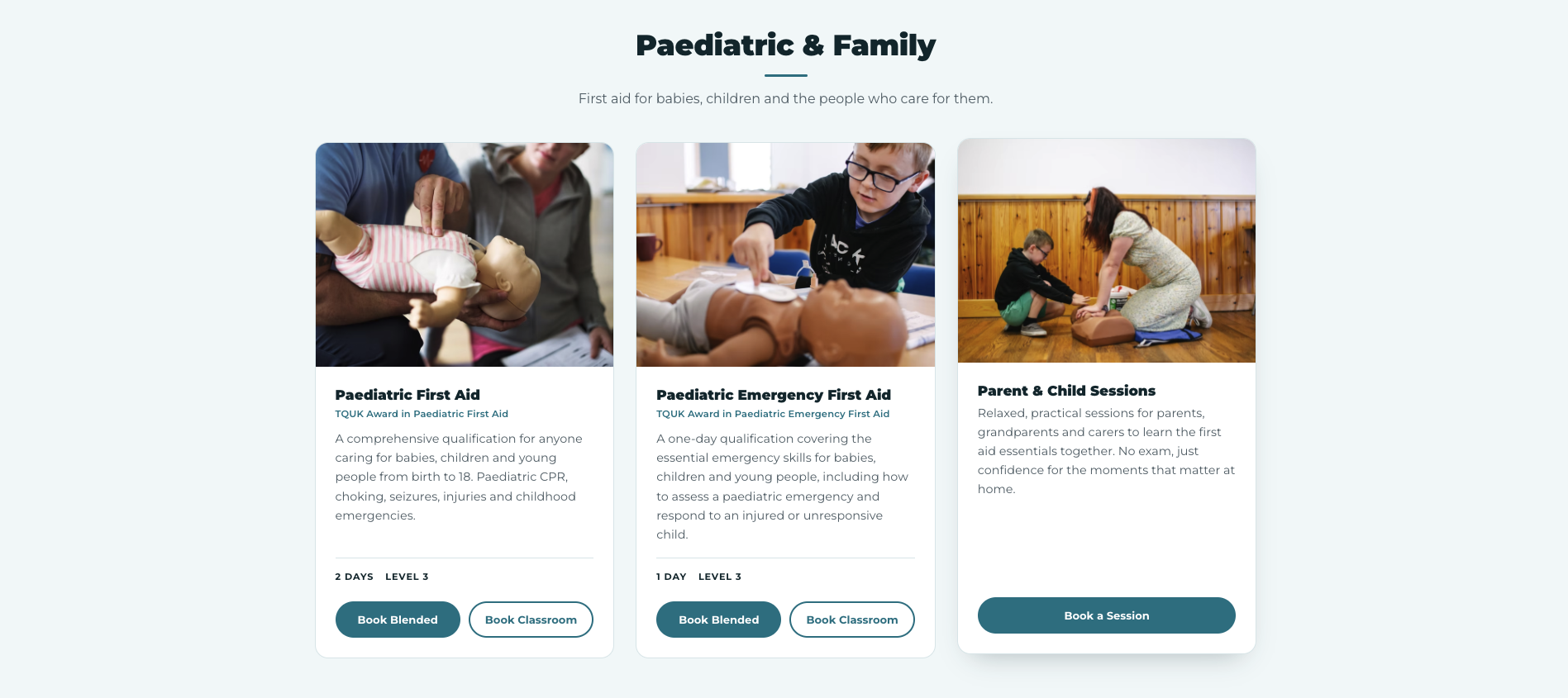 Paediatric and family course cards on the WOW site, each with its own booking buttons