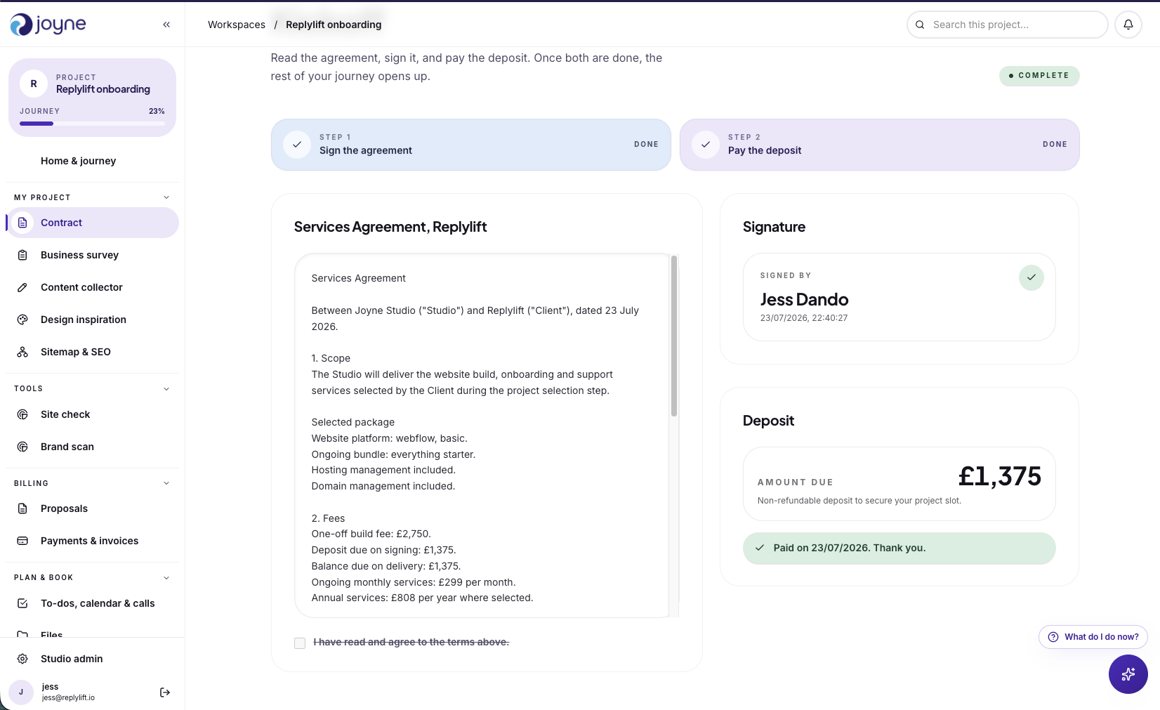 Joyne contracts and deposit payment screen