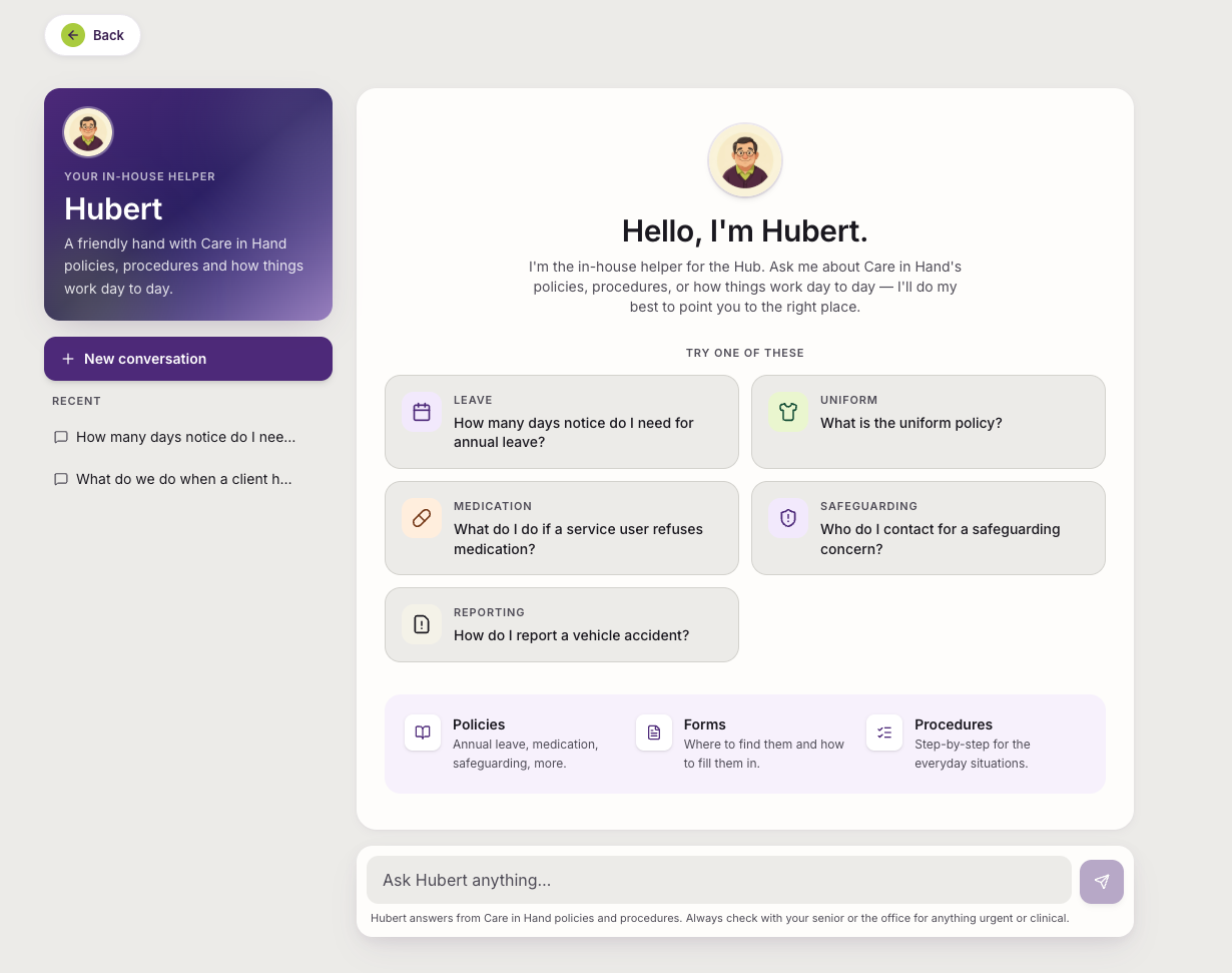Hubert, the in-house AI assistant, with suggested questions