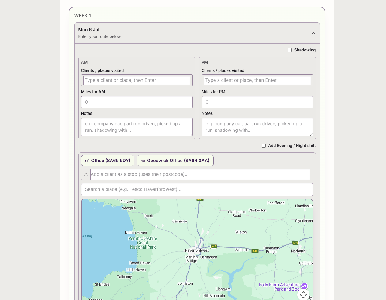Mileage form with route map