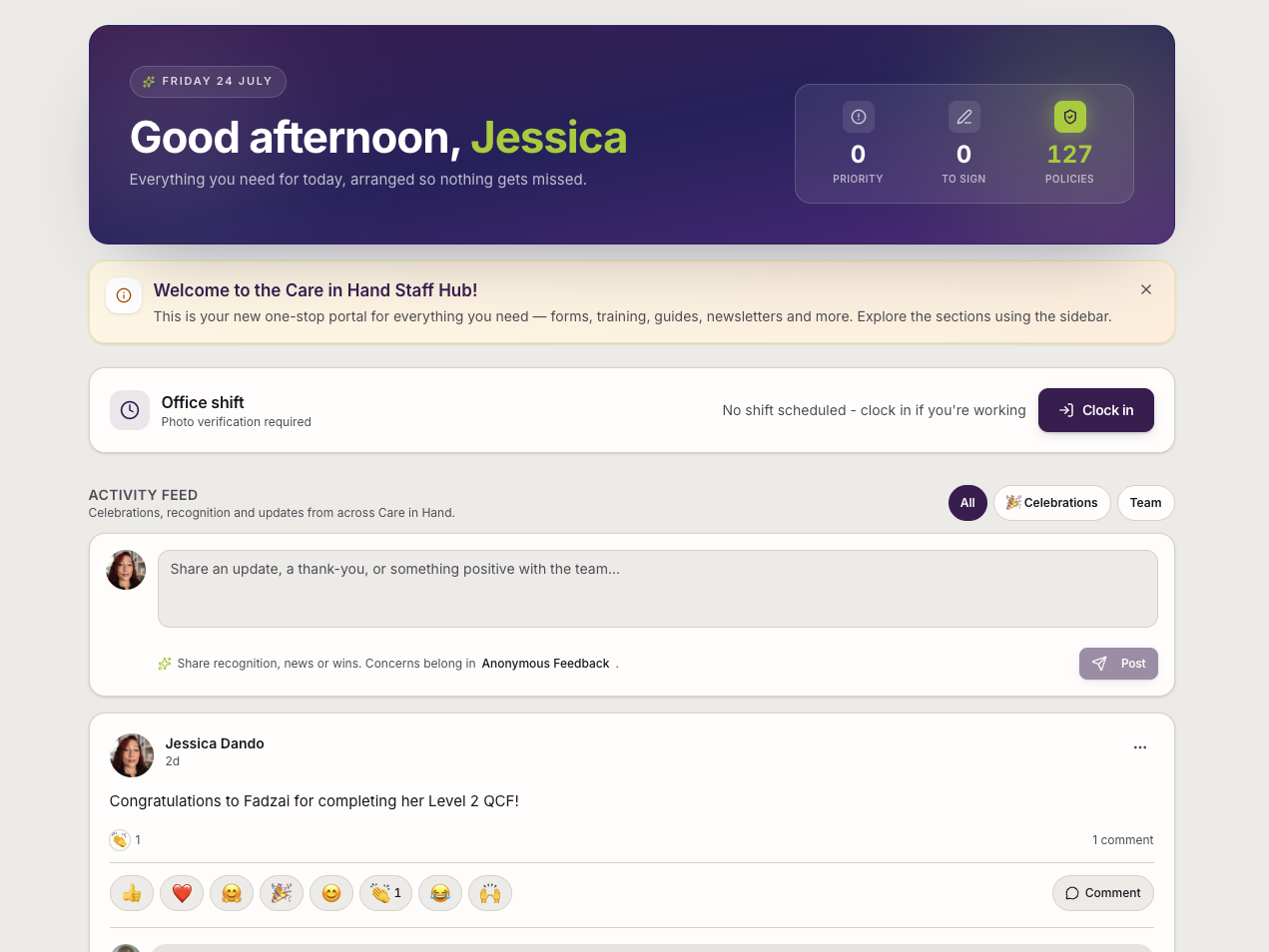 Staff hub home screen with activity feed