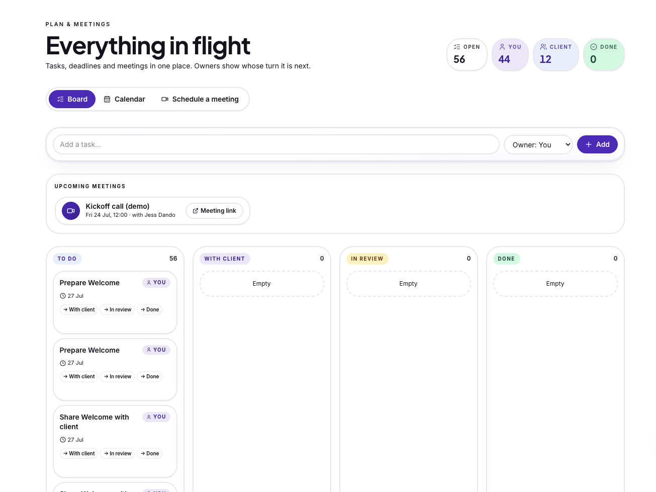 Joyne project management board with tasks and meetings