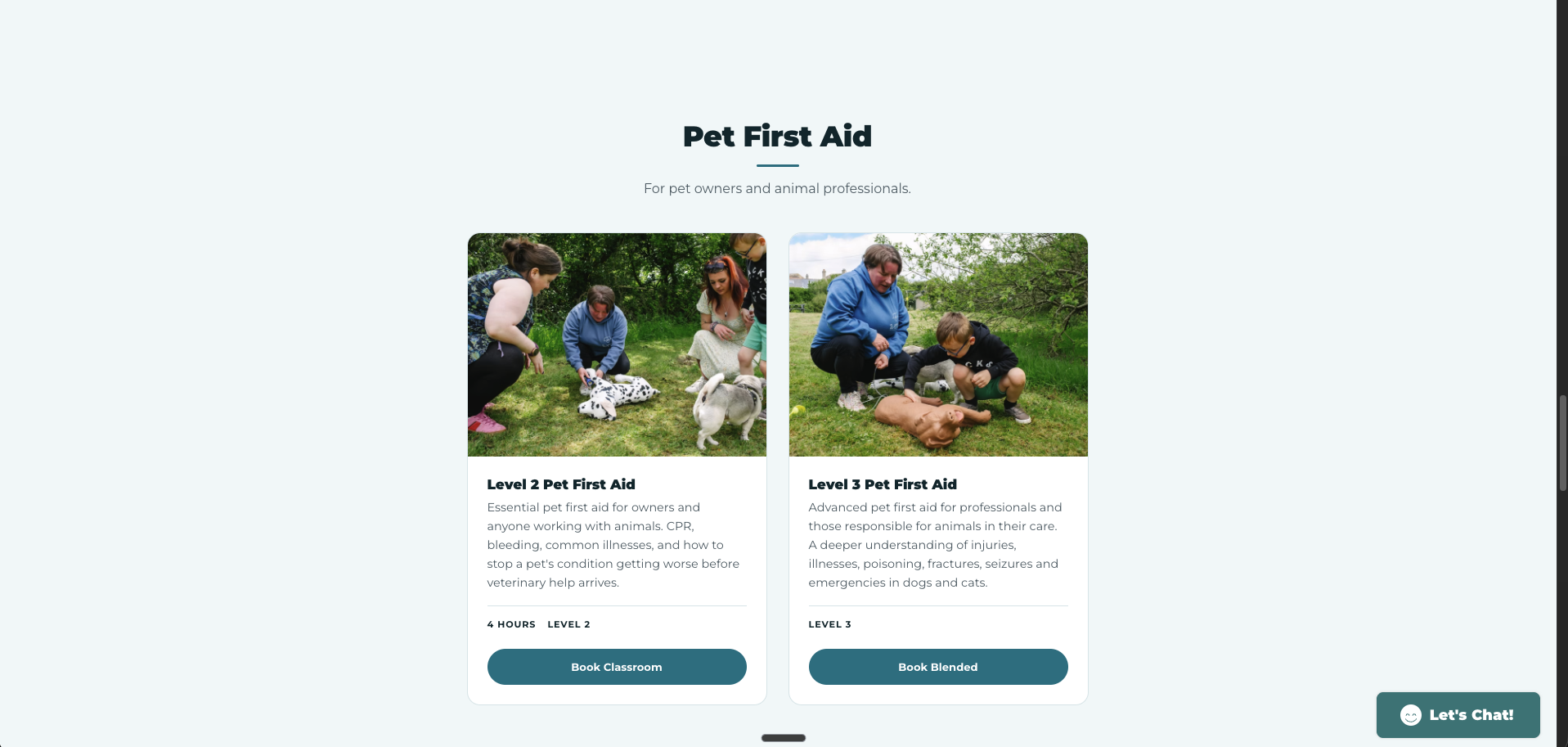 Pet first aid course cards built from the same CMS-driven card layout