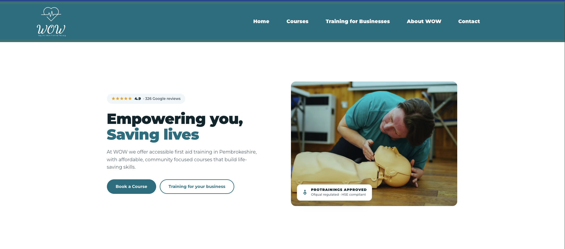 WOW First Aid homepage hero with Google review rating and booking buttons
