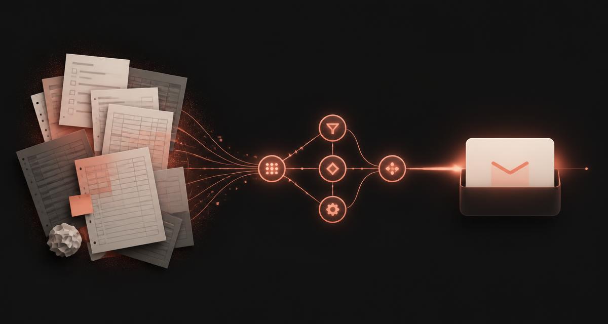 Illustration of scattered paper forms and spreadsheets flowing through a glowing automation pipeline into a single tidy inbox.