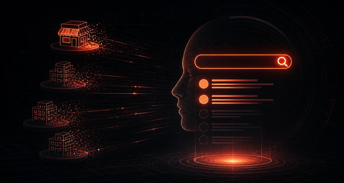 AI search interface with fading business signals on a dark tech background.