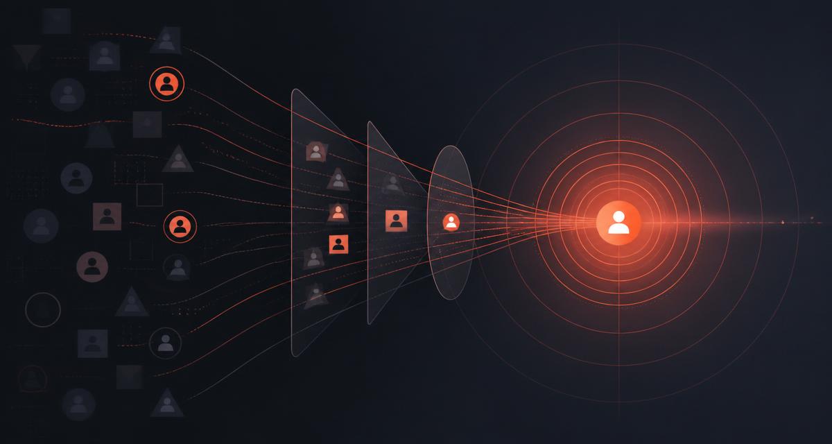 Abstract target rings filtering audience icons toward one ideal client on a dark background.