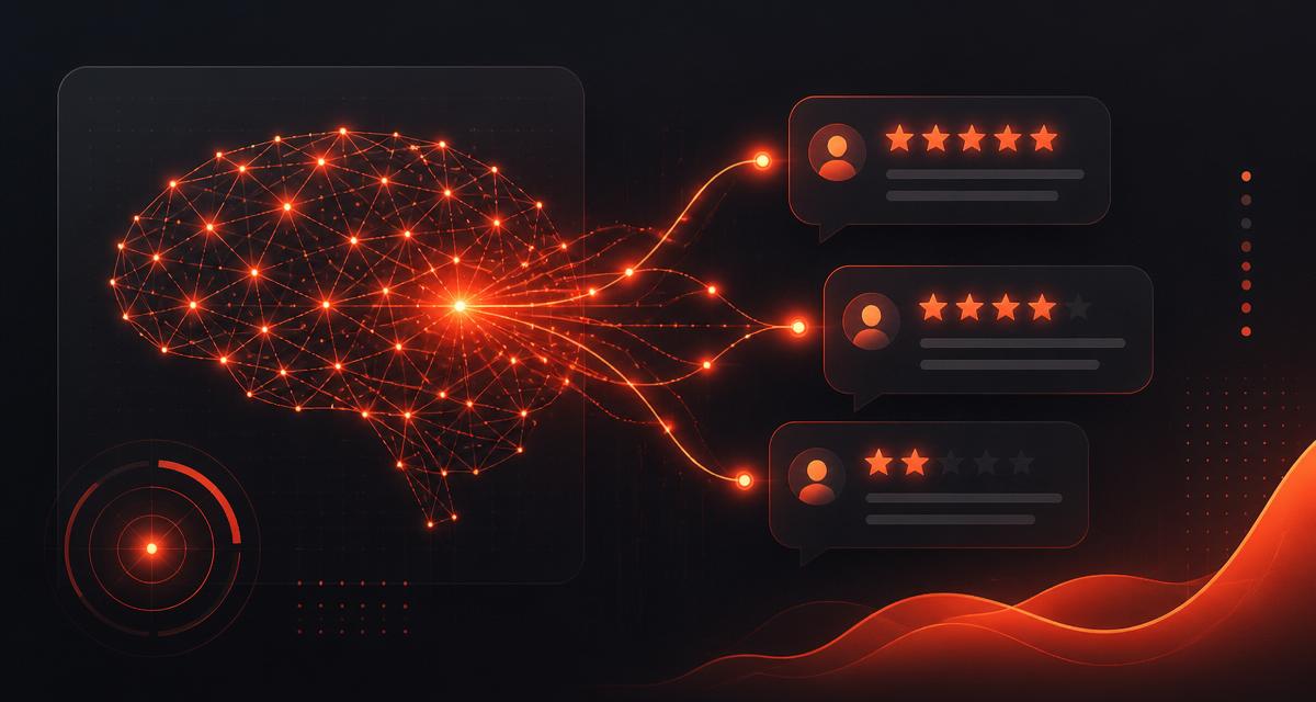 Abstract neural network reading customer review stars on a dark tech background.